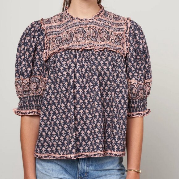 Sea New York Tops - SEA New York Jasper Border Puff Sleeve Smocked Top Medium